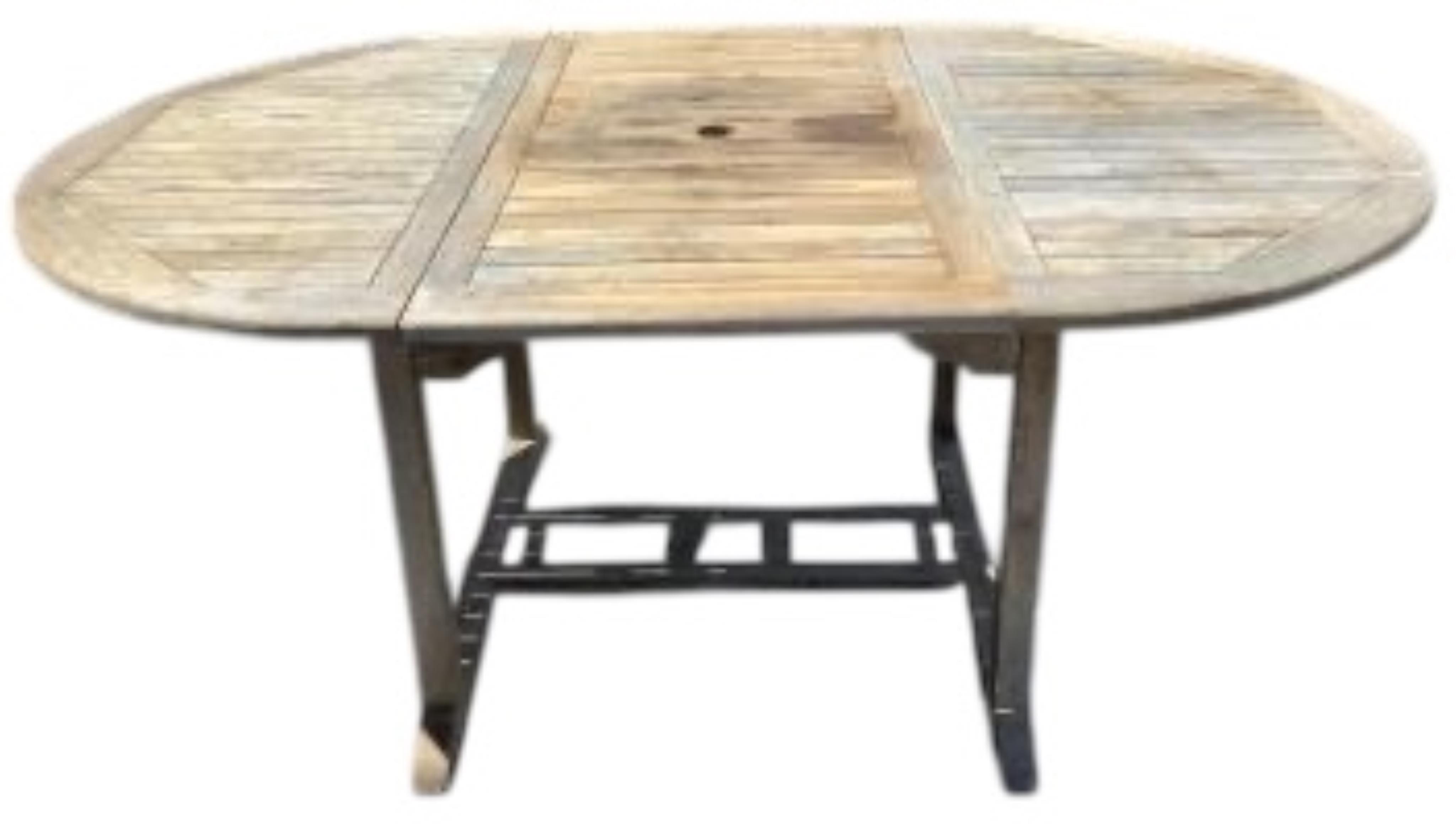 Six Sherwood teak elbow chairs, a weathered teak oval extending garden table, 181cm extended, depth 120cm, height 74cm and a lazy Susan